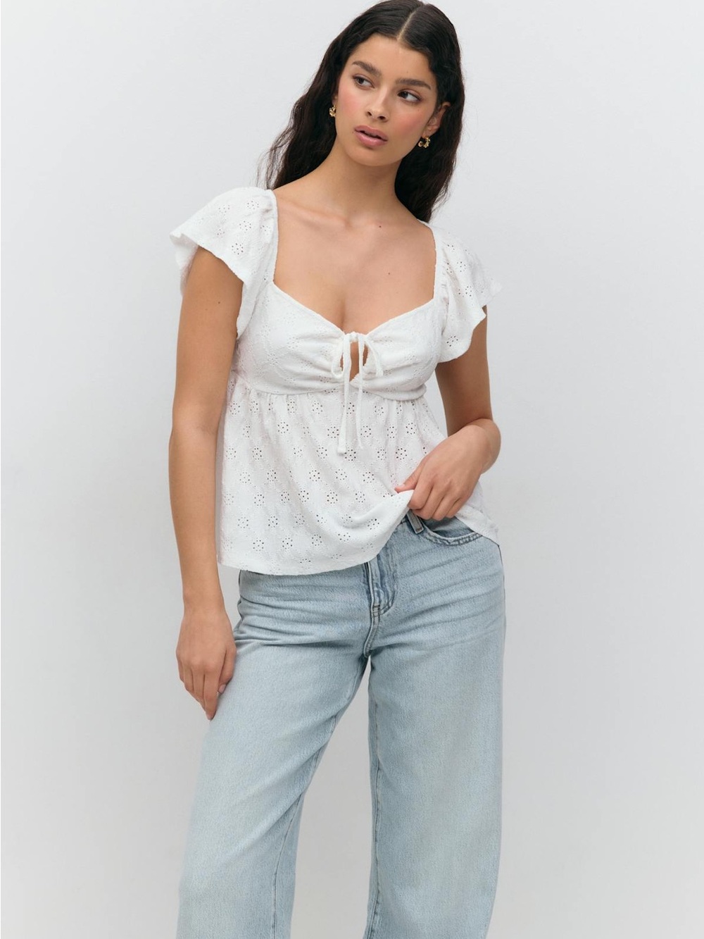 Gina tricot White Eyelet Tie-Front Flutter Sleeve Top